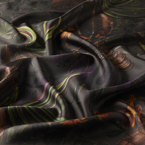 Anthracite Dark Botanical Twill Silk Scarf - Thumbnail