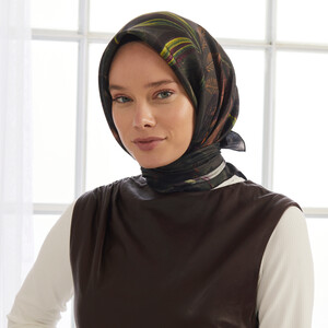 Anthracite Dark Botanical Twill Silk Scarf - Thumbnail