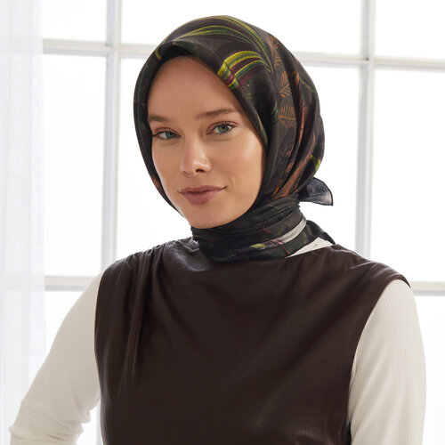 Anthracite Dark Botanical Twill Silk Scarf