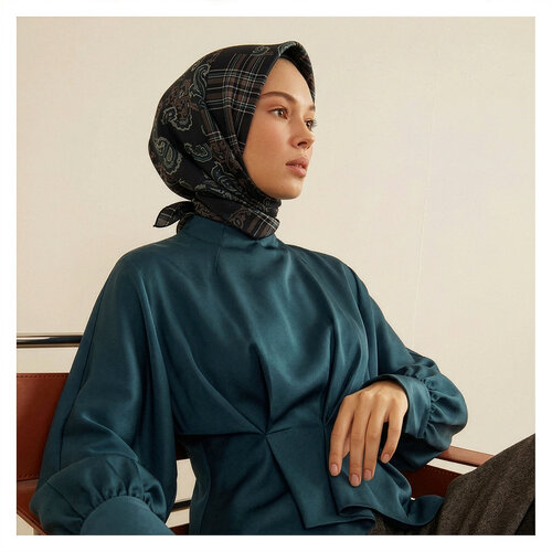 Anthracite Patchwork Patterned Twill Silk Scarf