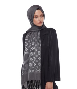 Anthracite Semi Monogram Print Silk Scarf - Thumbnail