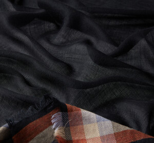 Anthracite Tartan Border Wool Silk Scarf - Thumbnail