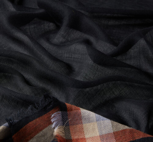 Anthracite Tartan Border Wool Silk Scarf