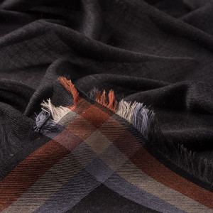 Anthracite Tartan Border Wool Silk Scarf - Thumbnail