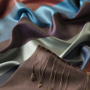 Ash Brown Block Striped Reversible Silk Scarf - Thumbnail