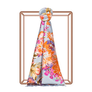 Baby Blue Chrysanthemum Print Silk Scarf - Thumbnail