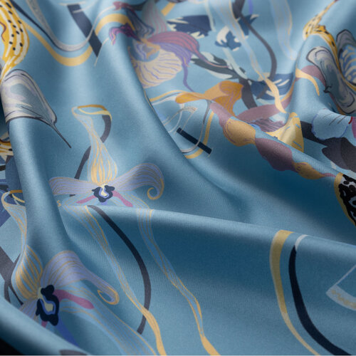 Baby Blue Mono Orchid Print Silk Scarf