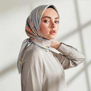 Baby Blue Waterside Garden Print Silk Twill Scarf - Thumbnail