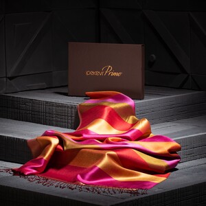 ipekevi - شال حرير فاخر ذو وجهين مخطط لون نحاسي