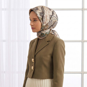 Beige Bohemian Pathcwork Twill Silk Scarf - Thumbnail