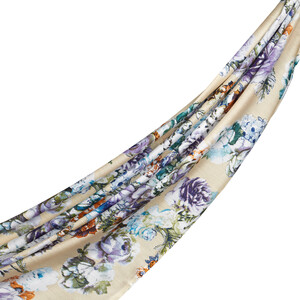 Beige Fleur Print Modal Silk Scarf - Thumbnail