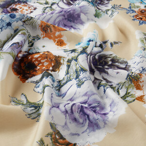 Beige Fleur Print Modal Silk Scarf - Thumbnail