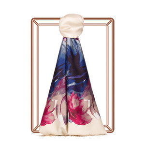 Beige Florescence Print Silk Scarf - Thumbnail