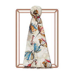  Beige Gardenia Patterned Silk Scarf - Thumbnail