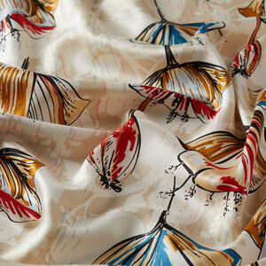  Beige Gardenia Patterned Silk Scarf - Thumbnail