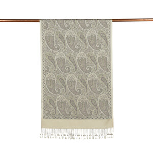 Beige Jacquard Hand Woven Prime Silk Scarf - Thumbnail