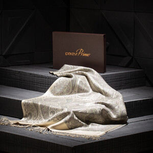 Beige Jacquard Hand Woven Prime Silk Scarf - Thumbnail