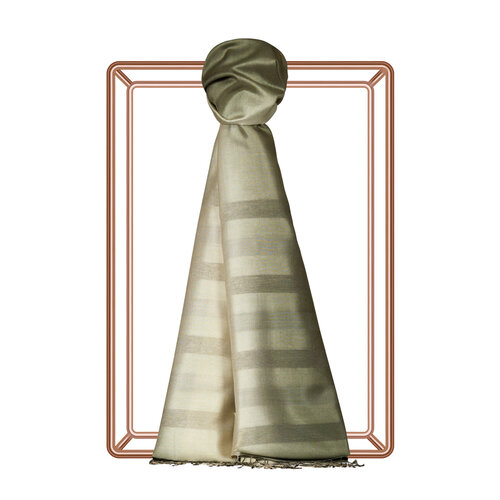 Beige Oil Green Mono Striped Gradient Silk Scarf