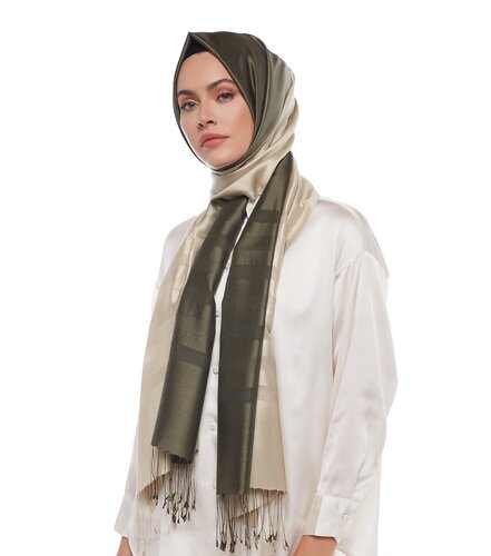 Beige Oil Green Mono Striped Gradient Silk Scarf