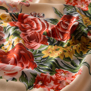 Beige Palace Garden Print Silk Scarf - Thumbnail