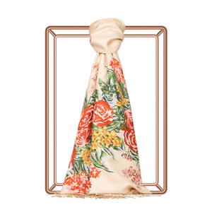 Beige Palace Garden Print Silk Scarf - Thumbnail