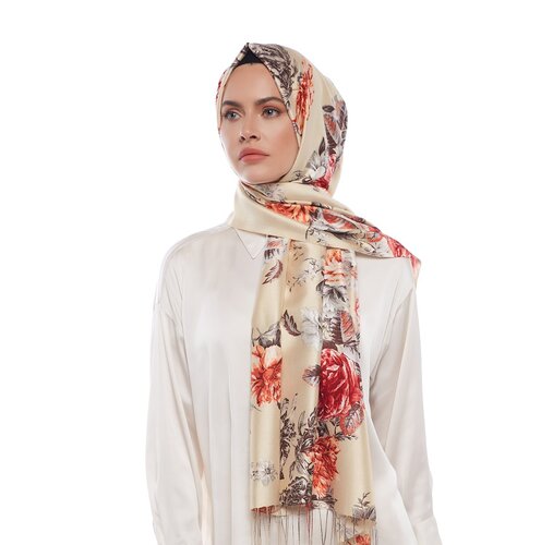 Beige Peony Garden Print Silk Scarf