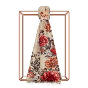 ipekevi - Beige Peony Garden Print Silk Scarf