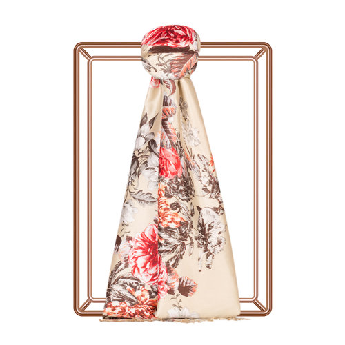 Beige Peony Garden Print Silk Scarf