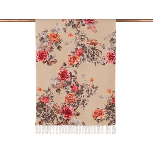 Beige Peony Garden Print Silk Scarf