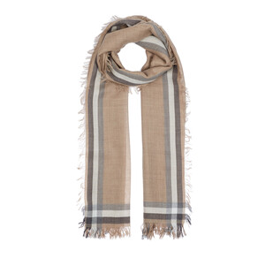 ipekevi - Beige Tartan Border Wool Silk Scarf (1)