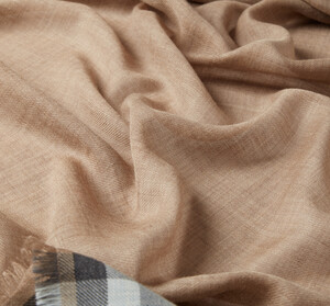 Beige Tartan Border Wool Silk Scarf - Thumbnail