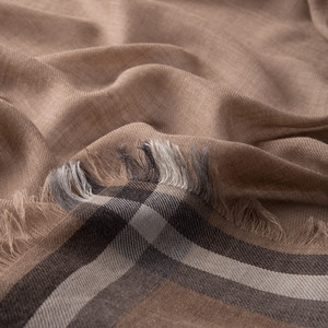 Beige Tartan Border Wool Silk Scarf - Thumbnail