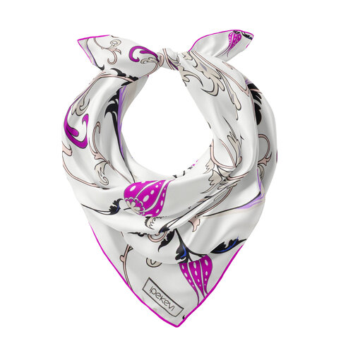 Beyaz Fuşya Yıldız Şale Saten İpek Mendil