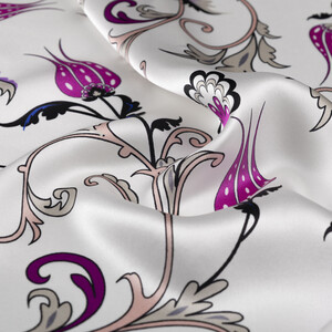 Beyaz Fuşya Yıldız Şale Saten İpek Mendil - Thumbnail