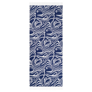 Beyaz Lacivert Okyanus Esintisi Desenli İpek Şal - Thumbnail