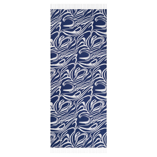 Beyaz Lacivert Okyanus Esintisi Desenli İpek Şal 