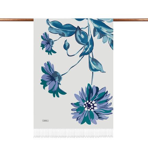 Beyaz Mavi Ekinezya Desenli İpek Şal