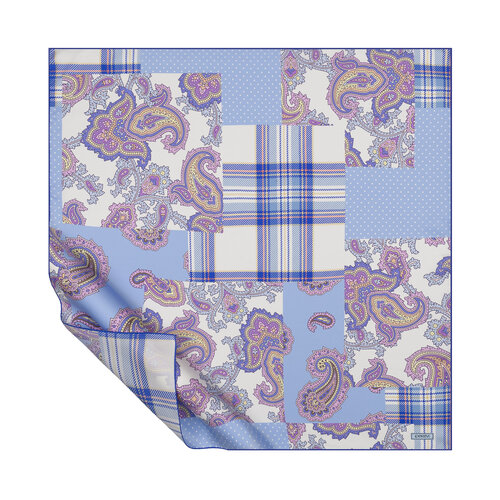 Beyaz Mavi Karnaval Patchwork Tivil İpek Eşarp