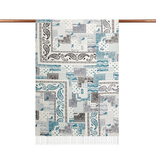 Beyaz Patchwork Desenli İpek Şal