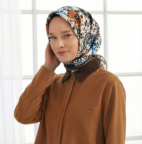 Beyaz Siyah Moda Bahçesi Tivil İpek Eşarp