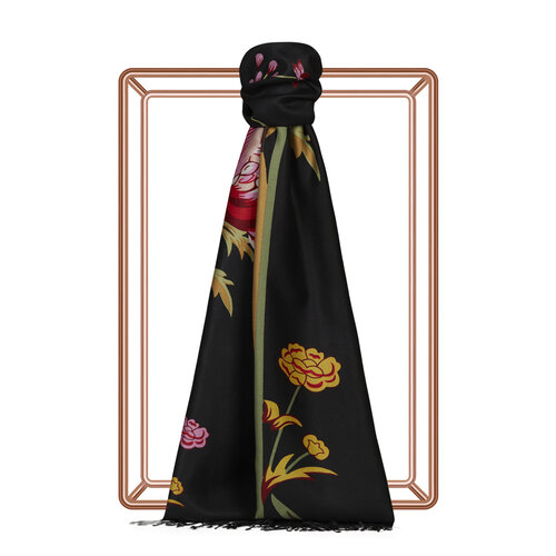 Black Amaryllis Print Silk Scarf