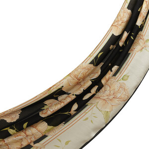 Black Beige Peony Cotton Rayon Scarf - Thumbnail