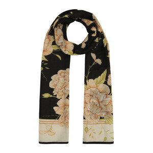 Black Beige Peony Cotton Rayon Scarf - Thumbnail