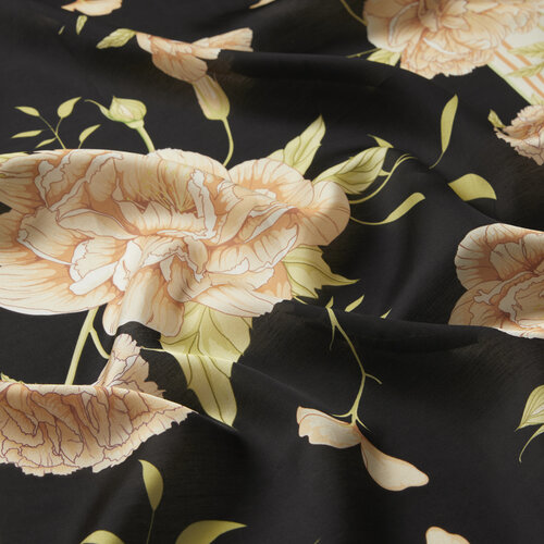 Black Beige Peony Cotton Rayon Scarf