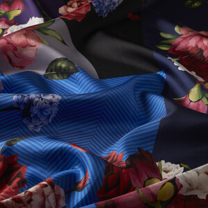 Black Blue Arrangement Twill Silk Scarf - Thumbnail