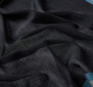 Black Blue Border Wool Silk Scarf - Thumbnail