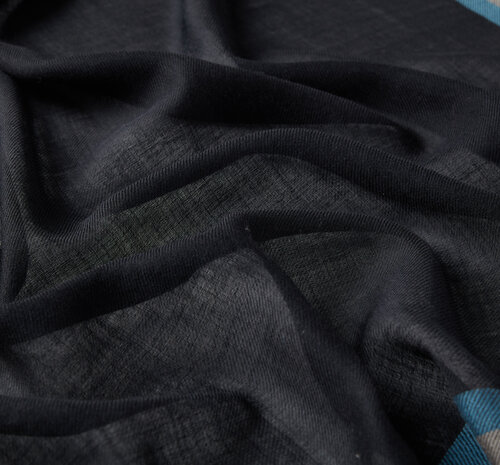 Black Blue Border Wool Silk Scarf