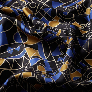 Black Blue Mosaic Patterned Twill Silk Scarf - Thumbnail