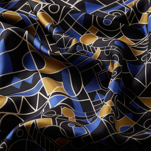 Black Blue Mosaic Patterned Twill Silk Scarf