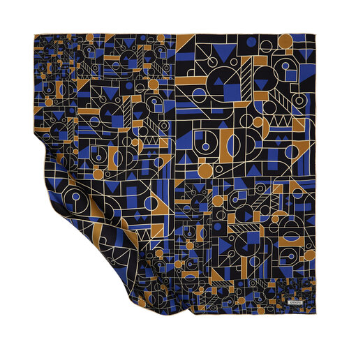 Black Blue Mosaic Patterned Twill Silk Scarf